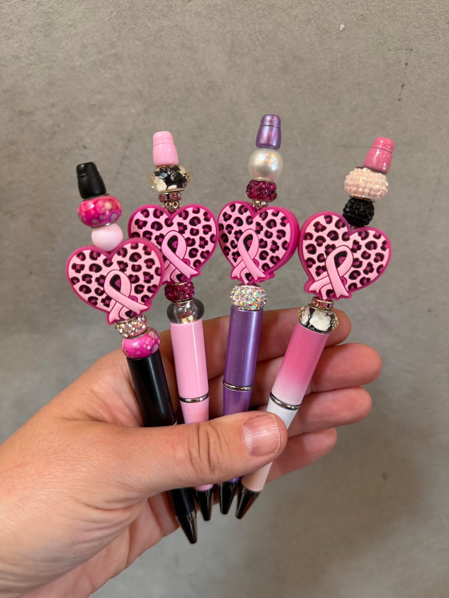 Beaded Pen - Breast Cancer Awareness Ribbon with Jaguar Print Heart